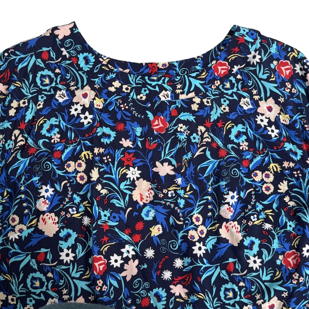 Talbots Woman 1X Floral Sleeveless Floral Blouse Navy Blue Rayon Keyhole Back